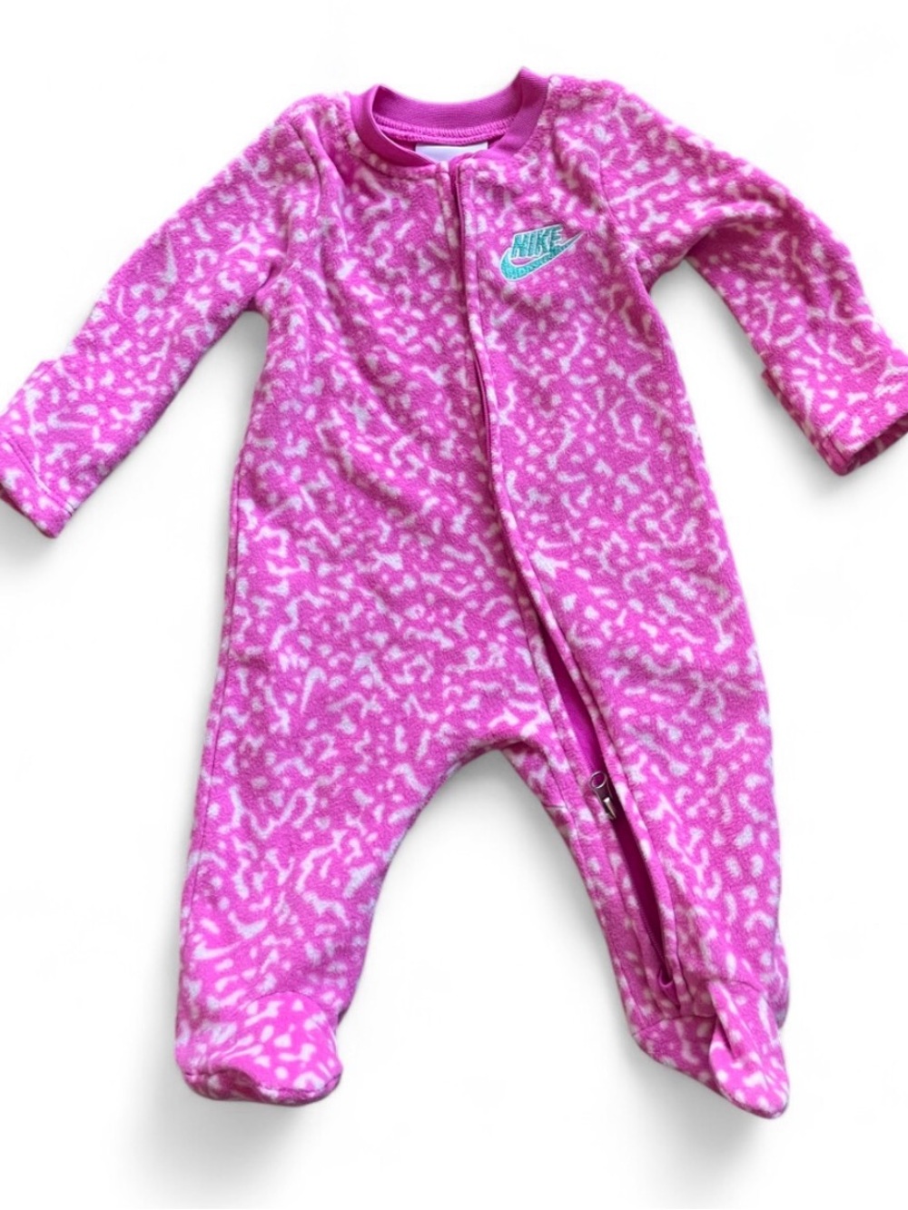 Newborn Nike Pink and White Fleece Footed Baby One-Piece (Zipper Repair Needed)